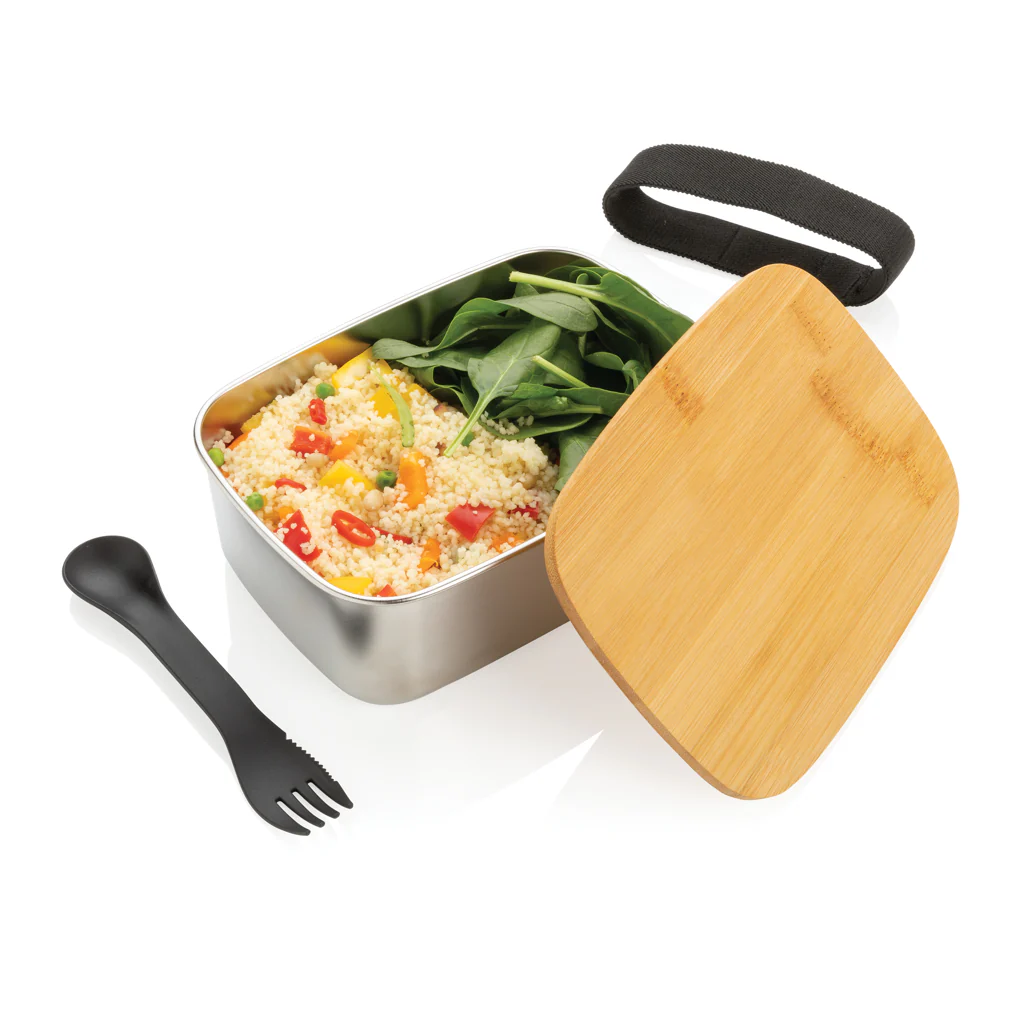 Stainless steel lunchlåda med bambulock och skedgaffel - Bild 3